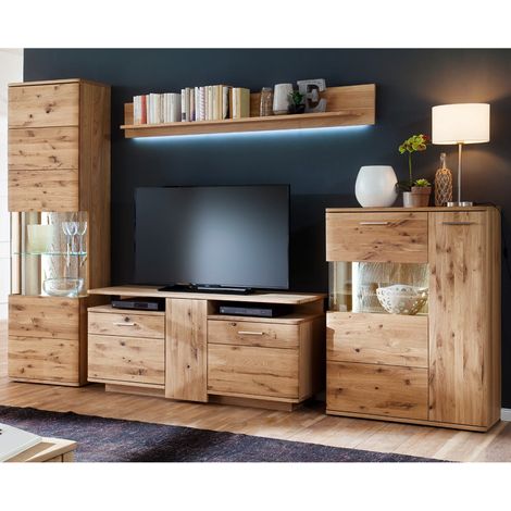 Wohnwand Set mit LED SAMARA-05 Asteiche Bianco massiv geölt - B/H/T: 320/208/45cm (1/5)