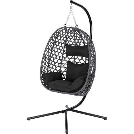 Fauteuil suspendu balançoire avec structure en tube d’acier galvanisé, chaise hamac avec coussin et appui-tête, usage jardin, balcon, terrasse et intérieur, charge max 150 kg, noir (1/5)