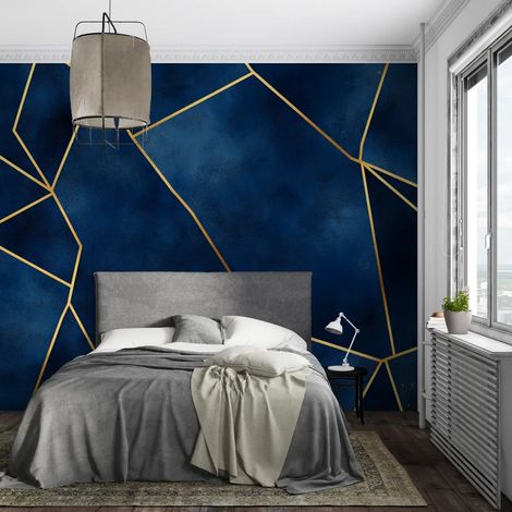 Papier Peint Géométrique - Lignes Dorées sur fond Bleu - 400 x 260 cm (1/2)