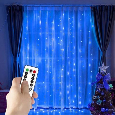 Guirlande lumineuse rideau bleue à 300 LED, 3 x 3 m, 8 modes, USB, télécommande, minuterie, décoration de fête, Noël, mariage, classe G (1/5)