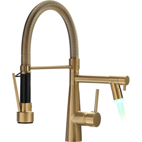Robinet de cuisine à LED, douchette extensible avec blocage, pivotant à 360°, jet rétractable, haute pression, noir (1/5)
