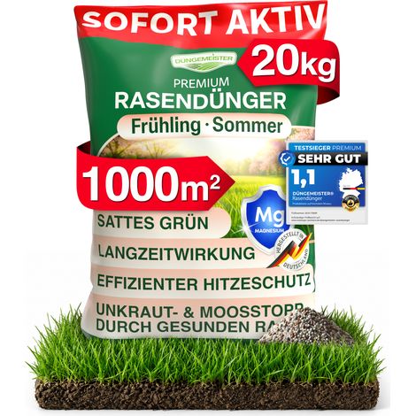 Rasendünger Sommer Sofortwirkung – sattes Grün – für Streuwagen geeignet (20kg für 1000m²)