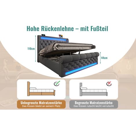 Polsterbett 140x200 cm Samt Grau mit LED, USB, Stauraum, ohne Matratze – MEUBLIV (1/5)