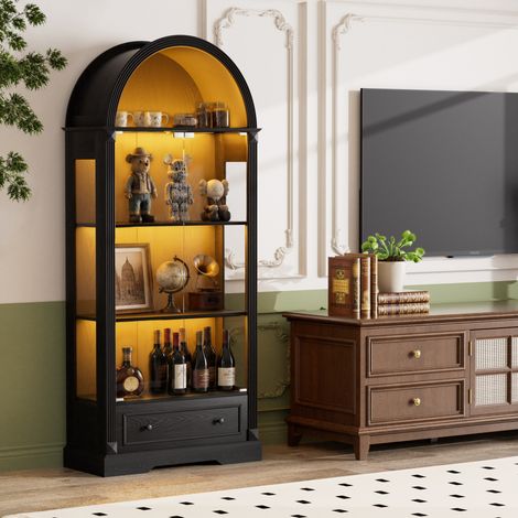 Vetrina ad arco 180 cm con ante in vetro, LED e cassetti, MDF nero (1/5)