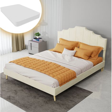 Lit adulte 140x200 cm en tissu beige moderne, avec matelas pour chambre, FloraGrace (1/5)