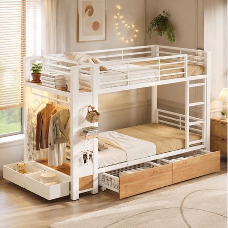 Litera 90x200 cm metal y MDF blanco con 4 cajones y LED, sin colchón – MEUBLIV (1/5)