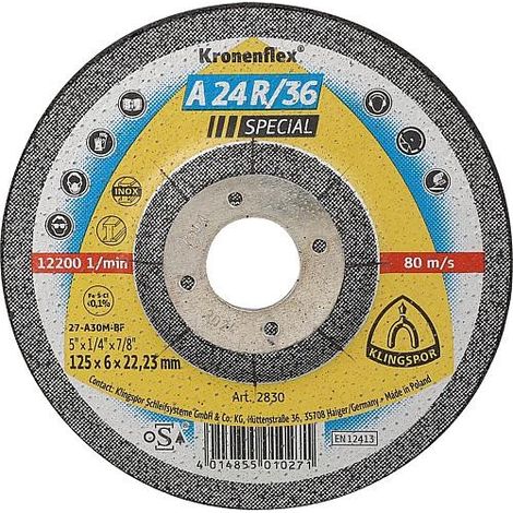 Meule à ébarber KLINGSPOR A 24 R/36 SPECIAL 125 x 6,0 x 22,23 mm, Contre-coudé