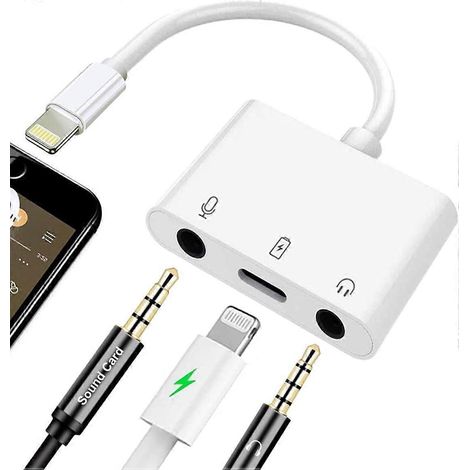 Un adaptateur microphone et casque 3,5 mm pour iOS avec port de chargement, adapté au streaming en direct et compatible avec les adaptateurs audio Lightning vers microphone. (1/2)