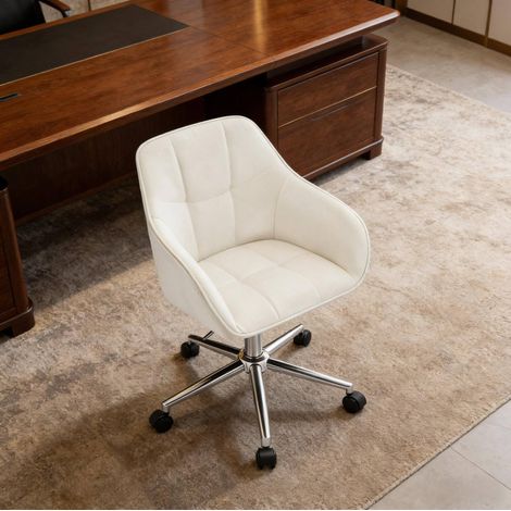 Chaise de bureau en velours blanc creme 40,5 x 40 cm, pivotante 360°, hauteur reglable 48-57 cm, avec accoudoirs (1/5)