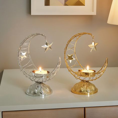 2 porte-bougies métalliques en forme de lune - Or et noir, style luxueux et créatif. Porte-bougies en fer, décoration de table pour fête, maison, bureau. Cadeau pour la Saint-Valentin (1/4)
