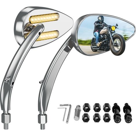 [Clignotant LED] Rétroviseur de moto avec feux, rétroviseur universel argenté avec clignotant, compatible avec Harley-Davidson et la plupart des grosses motos. (1/5)
