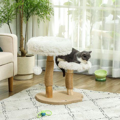 Tiragraffi per gatti, 61,5 cm, con cuccia, palo per graffiare, piattaforma per saltare, palla giocattolo, per gatti fino a 5 kg, bianco