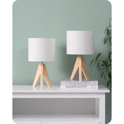 EDISHINE Nachttischlampe aus Holz, H36cm, E27 Fassung, vintage Lampenschirm aus Leinen, weiß, für Schlafzimmer, Wohnzimmer, Geschenk