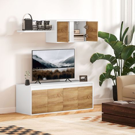 Blanc et couleur bois - Ensemble de meubles TV et de meubles muraux avec 7 étagères et étagère ouverte, meuble TV en bois d’ingénierie, 3 cm