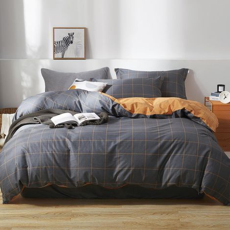 Bettwäsche 200x200 cm Grau Orange Karo Baumwolle 3-teilig mit Reißverschluss