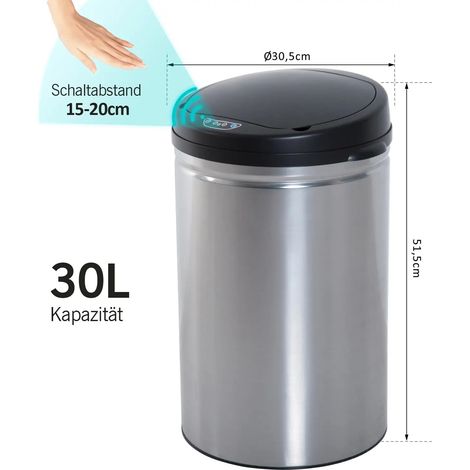 Poubelle intelligente à détecteur infrarouge, forme ronde, capacité 30 litres, avec seau amovible en option, corps en inox brossé, usage domestique ou bureau. (1/5)