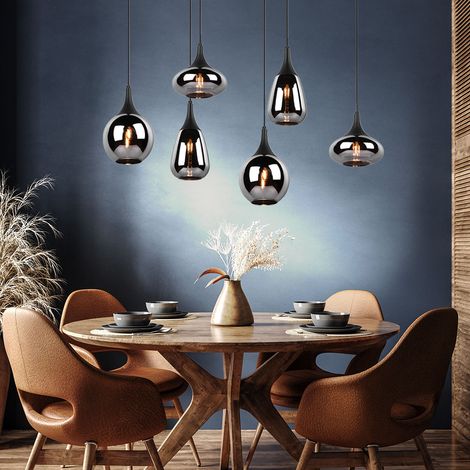 Hängeleuchte Esszimmerlampe Pendelleuchte Wohnzimmerlampe, Metall schwarz Glas chrom bedampft, unterschiedliche Lampenschirme, 6x E14, H 150 cm