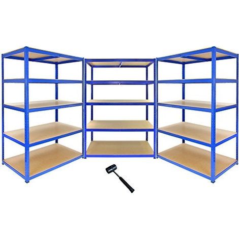 Monster Racking - 3 Rayonnages T-Rax en Acier 100 % Sans Boulons Bleus 120cm x 60cm x 180cm 1400KG par Rayonnage Parfait pour Entrepôt Garage MDF Epais [Maillet GRATUI