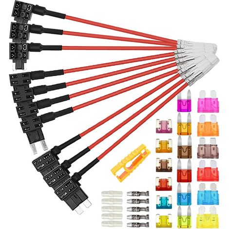 10 Pièces 12V / 24V Add-a-Circuit Porte-Fusible Set, Porte-Fusible à Lame de Voiture avec Fil 16 AWG, 18 Pièces Fusibles à Lame et Extracteur de Fusible (Borne Bout à Bout) (1/5)