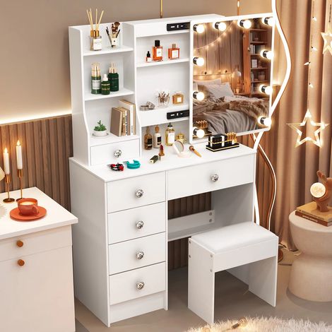 Coiffeuse blanche avec miroir coulissant, éclairage LED à 3 couleurs et intensité réglable, 6 tiroirs et tabouret – Cadeau idéal, bureau de maquillage (1/5)