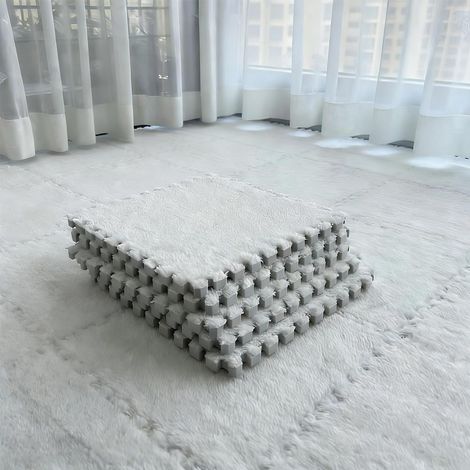 Lot de 12 tapis de sol emboîtables en mousse en peluche - 30 x 30 cm - Avec bordure - Carreaux de sol en mousse emboîtables - Pour enfants, salon, chambre à coucher - Blanc (1/5)