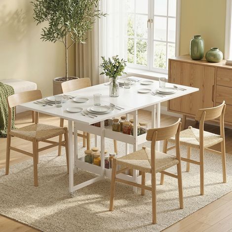 Table pliante deux Bois places 4 personnes 2 étagères ouvertes métal blanche 133,4x80x75 cm