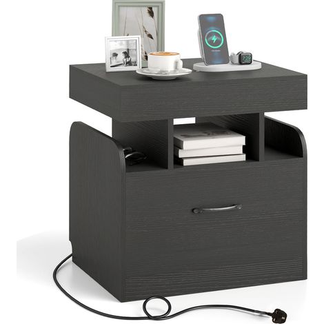 COSTWAY Nightstand Bedside Table with Drawer & Sliding Top Storage-Black (1/5)