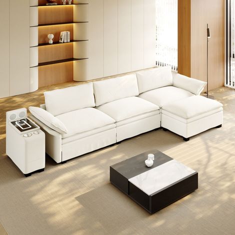 Canapé sectionnel 315 cm en chenille en forme de L. Avec ottoman,recharge sans fil,haut-parleur,éclairage et porte-gobelets,beige/blanc.