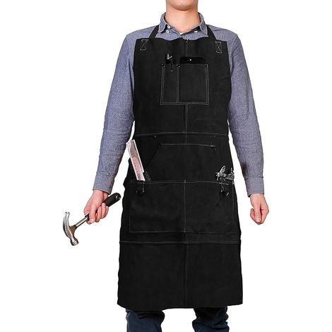 Schweißerschürze aus Leder mit 6 Taschen, hitze- und flammbeständige Arbeitsschürze, Schwarz – 61 x 91 cm