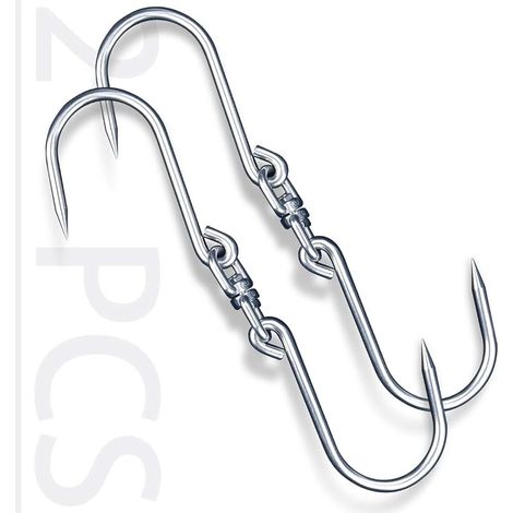Lot de 2 crochets à viande pivotants, double crochets en acier inoxydable, idéal pour les grands animaux, la pêche, la chasse, la carcasse, le bacon. 9mm Argenté (1/5)