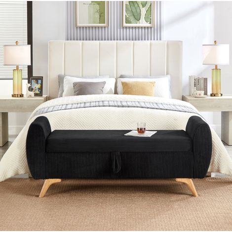Banco baúl plegable de terciopelo acanalado 145x51x57 cm negro con patas de madera OKMYHOME (1/5)