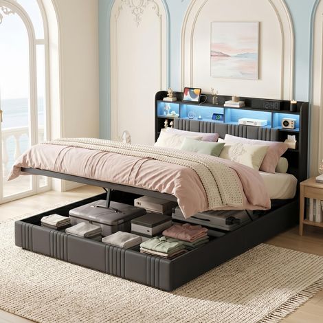 Cama con almacenamiento doble 140x200 cm capitonada en lino gris, con LED, USB y Type-C, somier láminas, almacenaje hidráulico (1/5)