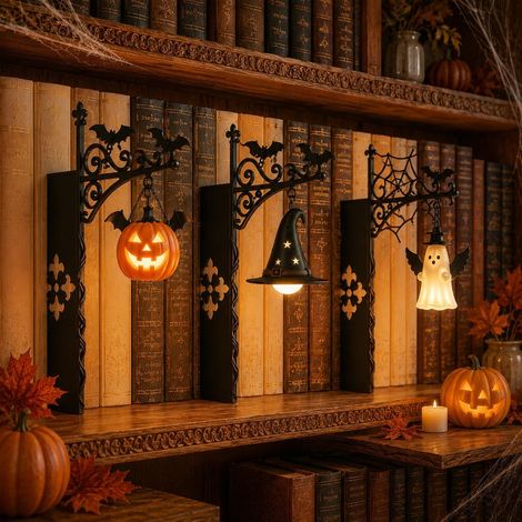 3 Lampe bibliothèque LED, Citrouille, Fantôme ailé et Chapeau de sorcière, Book Nook vintage en métal, éclairage décoratif pour coin lecture, bureau et bibliothèque