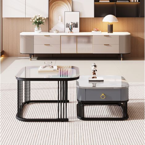 MEUBLIV Couchtisch-Set 60x60 cm + 50x50 cm, Schwarz – Glasplatte und Schubladen (1/5)