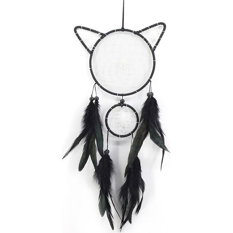 Attrape Rêves Fait Main - Design Chat En Fer Et Plumes - Décoration Murale Intérieure - 1 Pièce (1/2)