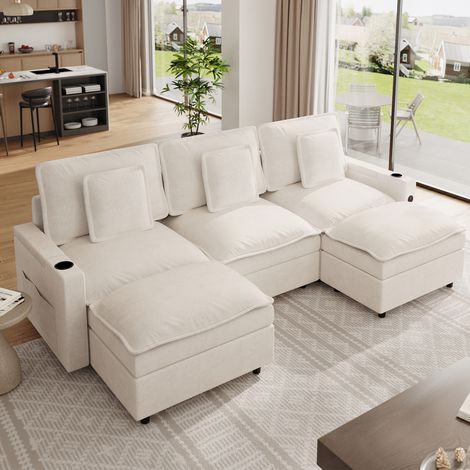 Canapé d’angle U modulable 3 places méridienne amovible, tissu chenille, accoudoirs rangement, USB, porte-gobelet, assise profonde (1/5)