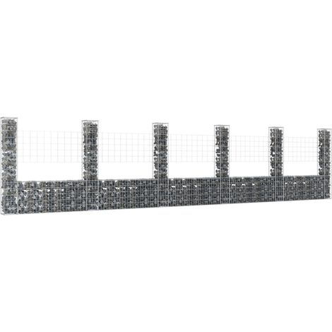 Panier de gabion Mur en gabion Clôture de gabion en forme de U avec 6 poteaux Fer 620x20x150 cm 26913 (1/5)