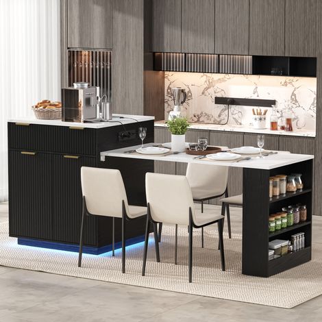Îlot de cuisine sur roulettes, table à manger extensible avec éclairage LED, étagères réglables, multiprises et tiroirs, noir (1/5)
