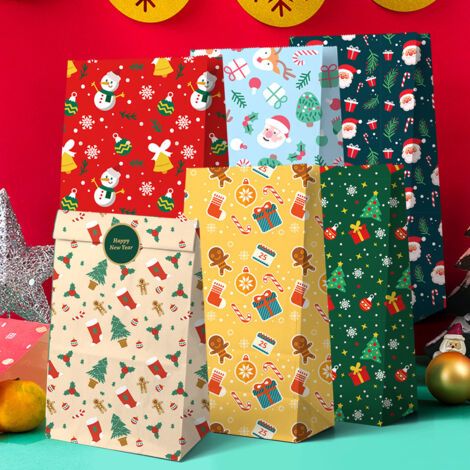 12 sacs cadeaux de Noël 21,8 x 11,9 cm – Motifs bonhomme de neige, pain d'épices, Père Noël et sapin Cadeaux de fête en papier kraft pour les fêtes (1/3)