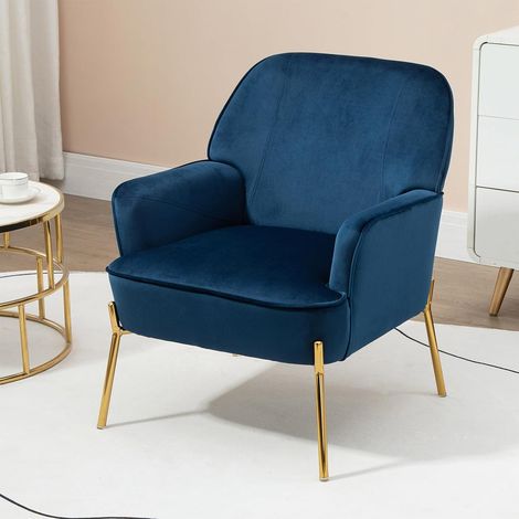 Fauteuil de Salon en Velours avec accoudoirs, Fauteuil rembourré Confortable pour Chambre et Salon - Bleu (1/5)