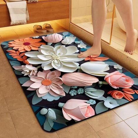Tapis de salle de bain - Tapis de sol - Tapis antidérapant - Tapis de salle de bain - Motif floral (1/4)