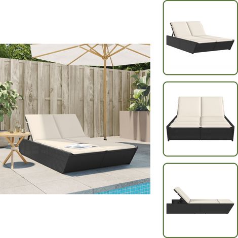 The Living Store Doppel-Sonnenliege mit Kissen Schwarz Poly Rattan - Doppelsonneliege - Gartenliege - Liege - Outdoor Liege - Poolliege (1/5)