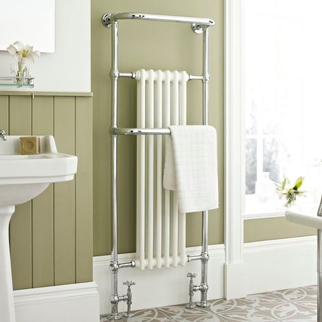 Old London Brampton Chrome 1500mm x 575mm Floor Mounted Heated Towel Rail with White Column Radiator - LDR008 (1/4)