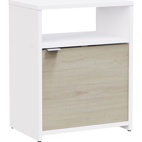 Mesita de Noche Nano de Dormitorio Estilo Nórdico en Color Blanco Mate y Roble Kronberg con 1 Puerta y 1 Estante 41x51x28 cm