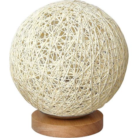 1 Lampe de table, Abat-jour rotin, Socle bois massif, Port USB, Veilleuse LED, Chambre bureau (1/5)