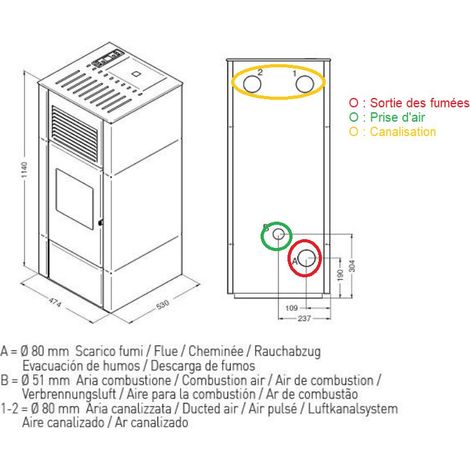 Punto Fuoco – Poêle à granulés double canalisation 14 kW – Évacuation arrière – Autonomie 16,5 kg – Volume de chauffe jusqu'à 320 m³
