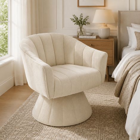 Edler 360° Drehstuhl mit ergonomisch geformter Sitz- und Rückenpolsterung, umschließenden Armlehnen sowie modernem Design und stabiler Standbasis – ideal für Büro, Wohnzimmer oder Home-Office.Beige (1/5)