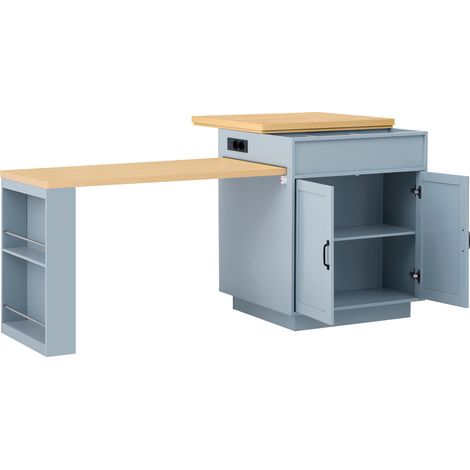 Desserte de Cuisine avec Table Extensible, LED et Station de Charge, pour Cuisine et Salle à Manger, en MDF, Bleu (1/5)