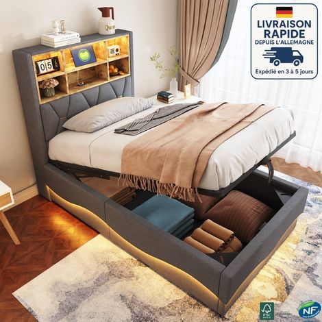 MODFU - Cama nido de 90×200 cm con LED, cama infantil, cabecero con canapé, puerto USB, somier tapizado, sin colchón, lino, gris (1/5)
