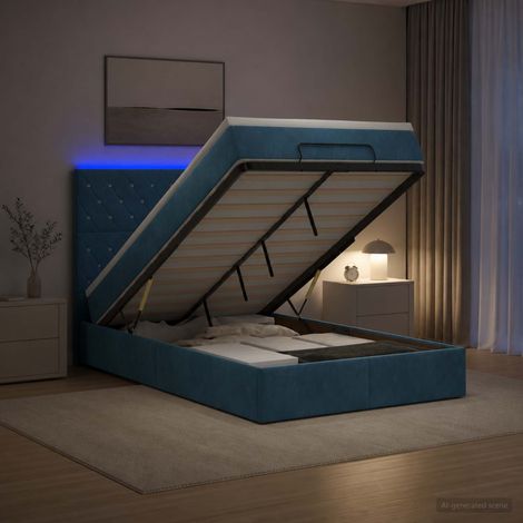 vidaXL Lit coffre avec matelas et LED Bleu foncé 120 x 190 cm Velours (1/5)